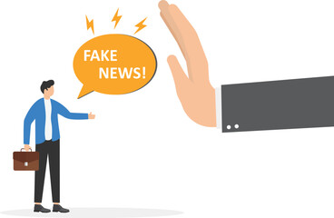 Fake news on mobile phone. Hand with gesture - stop hoax. Spreading fake news, lies in social media. Article in online press with disinformation and propaganda. Flat Vector illustration


