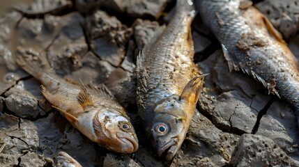 Dried Fish Mud Cracked Ground Environmental Impact Drought