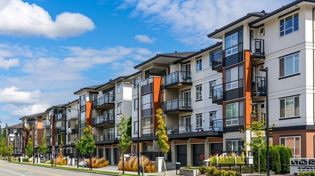 Exterior view of modern low rise apartment buildings complex with parking garages in an urban residential neighborhood : Generative AI