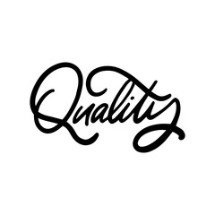 Handwritten text with cursive style, representing quality, on a plain white background