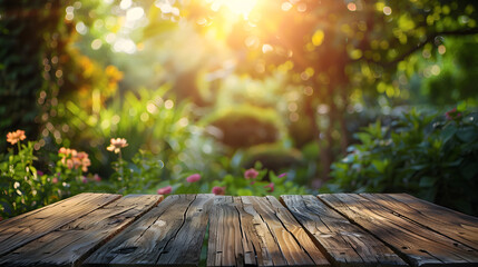 Wooden table and blurred green nature garden background