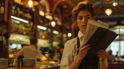 A woman sitting at a table in a restaurant, holding a book and likely reading it