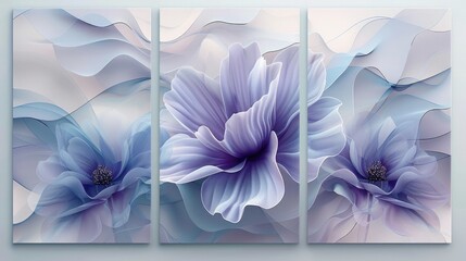 Elegant triptych artwork featuring abstract purple flowers with delicate flowing lines and a soft color palette.