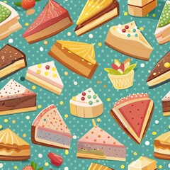 Seamless pattern of delicious slices of cake and pie, topped with frosting and sprinkles, for a mouthwatering aesthetic, Generative AI