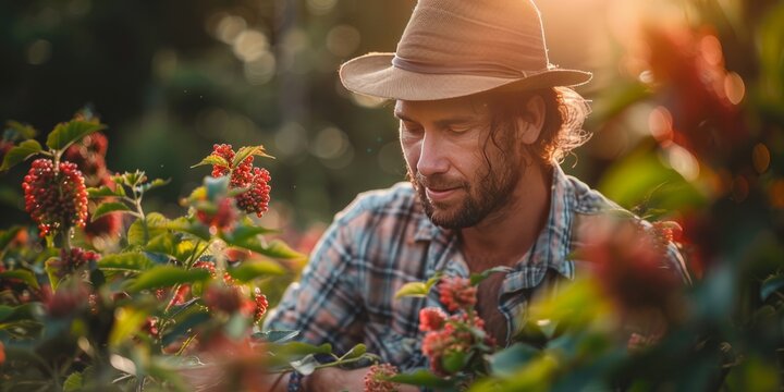 Botanist with Ribes rubrum at organic plantation