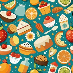 Seamless pattern of dessert ingredients like flour, sugar, and eggs, arranged in a charming and rustic composition, Generative AI