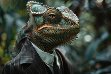 Fototapeta premium A close-up shot of a lizard wearing a suit and tie, perfect for adding a touch of whimsy to your editorial or advertising content