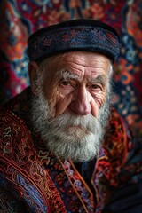 Fototapeta premium A portrait of an elderly man with a long white beard and a hat, suitable for historical or vintage-themed illustrations