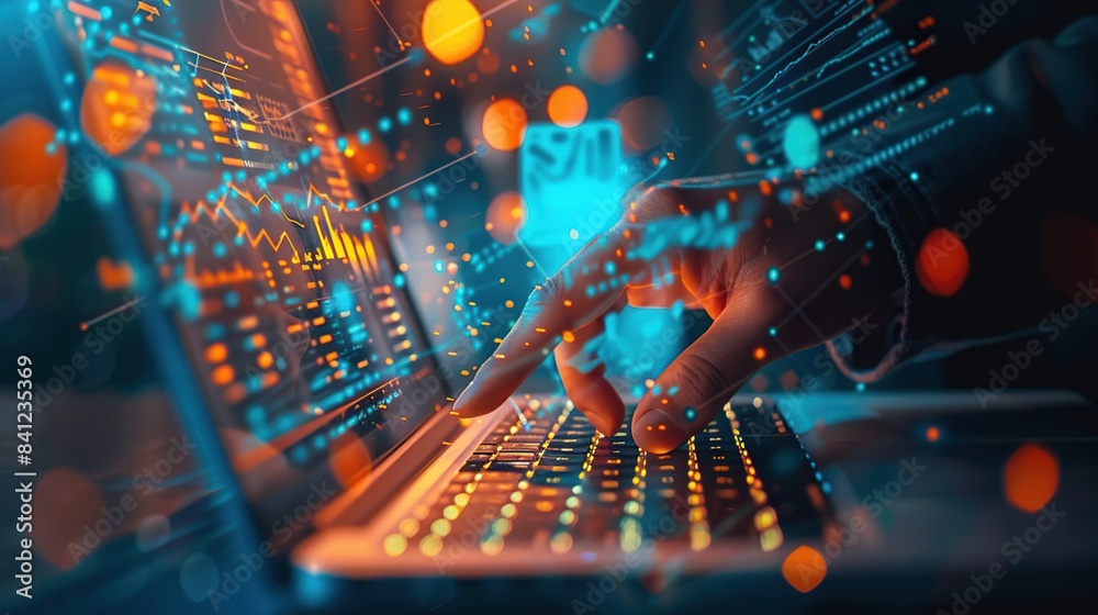 Poster a businessman hand points at a data graph on a laptop screen style of a business digital marketing.