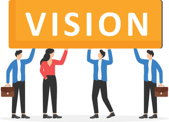 Office colleagues, business team people walking together holding word VISION. Teamwork, partnership concept. Team working together to win business success, cooperation or collaboration. flat vector

