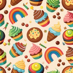 Seamless pattern of dessert toppings like whipped cream, chocolate sauce, and rainbow sprinkles, adding a finishing touch to any design, Generative AI