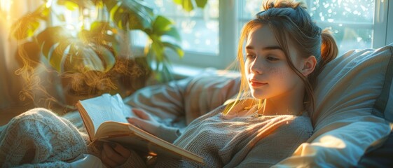 Young Woman Reading a Book in Cozy Sunlit Room with Plants and Warm Atmosphere