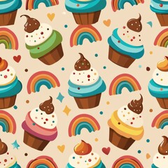 Seamless pattern of dessert toppings like whipped cream, chocolate sauce, and rainbow sprinkles, adding a finishing touch to any design, Generative AI