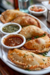 Plate of empanadas with dipping sauces