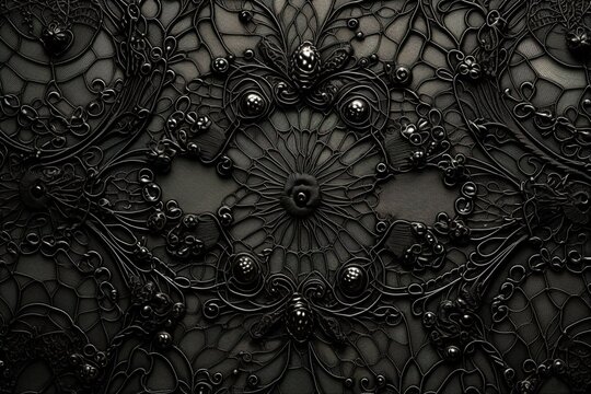 black textured abstract background graceful gothic lace fabric top view