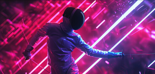 A man dressed in fencing attire holds a sword, ready for action