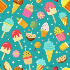 Seamless pattern of dessert-inspired patterns like ice cream cones, popsicles, and frosted cakes, for a fun and festive background, Generative AI