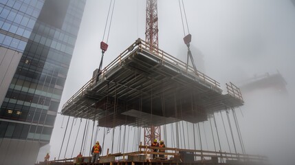 Construction workers guide a large platform being lifted by a crane amidst mist and tall buildings in an urban construction site.