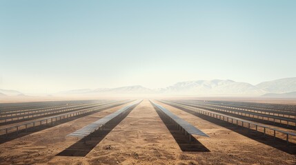 A solar panel farm stretching out across a vast desert landscape.