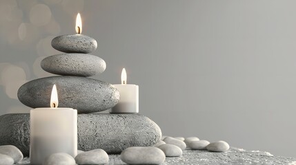 Three candles on a pile of gray stones against a gray backdrop, Generative AI.