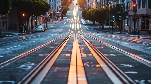 Low angle twilight view of an empty road with cable car tracks leading up a steep hill at famous California Street at dawn San Francisco California USA : Generative AI