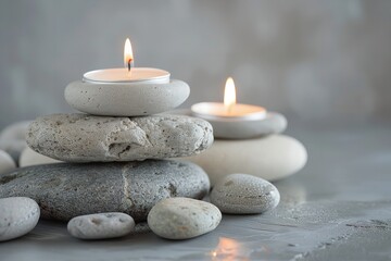 Obraz na płótnie Canvas Three candles on a pile of gray stones against a gray backdrop, Generative AI.