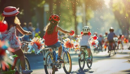 A decorated bike parade with children riding bicycles in red, white, and blue attire