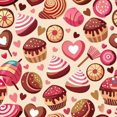 Seamless pattern of dessert-themed patterns like chocolate bars, candy canes, and gingerbread cookies, perfect for a holiday-themed design, Generative AI