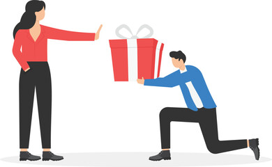 Young female character rejects feelings. Cartoon man gives the girl big gift. Unrequited, one-sided or rejected love. Aggressive woman says no to her fan.Banner in trendy style. Flat vector illustrati