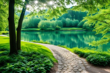 Beautiful natural landscape with a lake in Park
