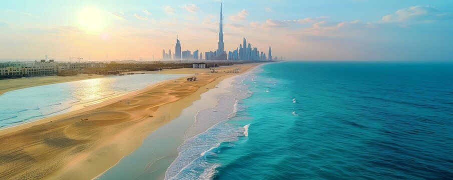 Aerial Drone view of a Beach in Dubai, United Arab Emirates.