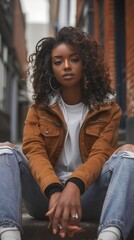 Cute black girl in casual wear sitting on street