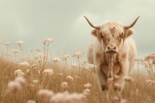 beautiful animal artwork with flowers soft beige pastel colors scottish highlander cow