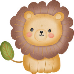 Watercolor set of cute safari lion and leaves