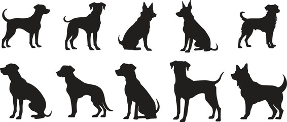 Set of fill Dogs Silhouettes icons. Animal signs. Dogs breeds, veterinary, dog standing, pet sitting logos inspiration. Dogs show, competition, pet store, guide dog isolated on transparent background.
