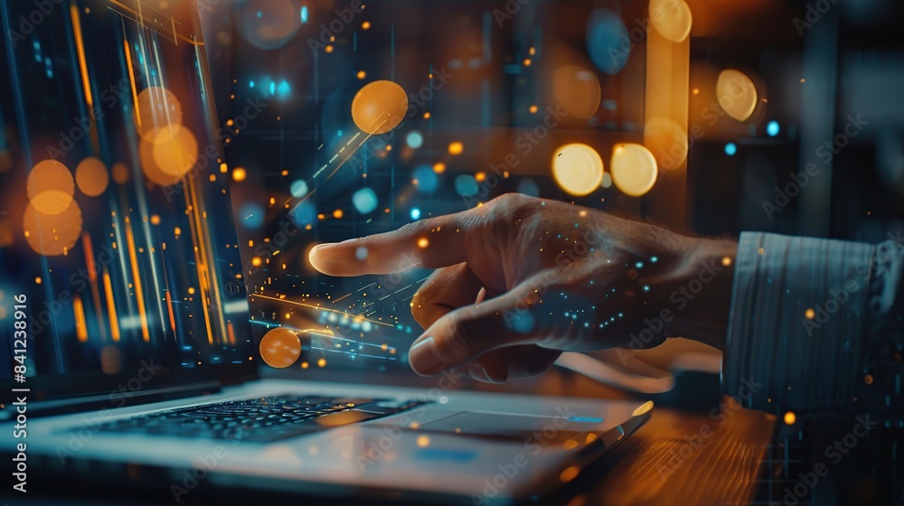 Poster a businessman hand points at a data graph on a laptop screen style of a business digital marketing.