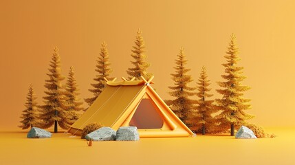 Vibrant camping scene with a yellow tent surrounded by trees and rocks, creating a peaceful and serene outdoor ambiance. 3D Illustration.