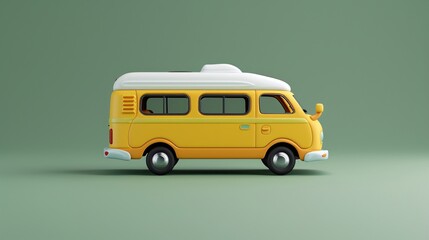 Vintage yellow camper van on a green background, showcasing a retro design and travel adventure concept. 3D Illustration.