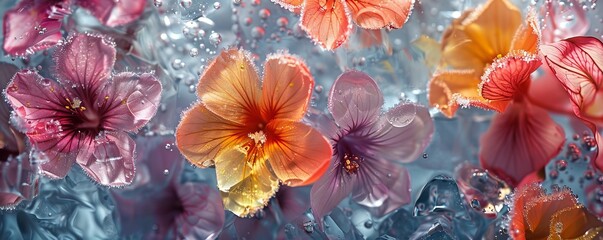 closeup art of colorful flowers frozen in ice