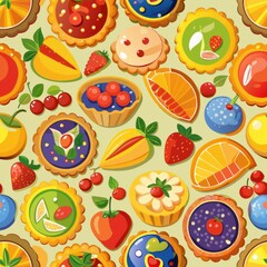 Seamless pattern of fruit tarts, fruit pies, and fruit pastries, showcasing the beauty of fresh produce in dessert form, Generative AI