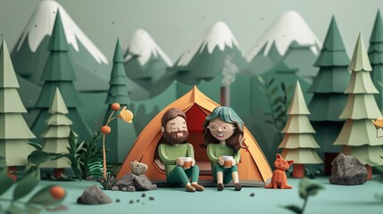 Fototapeta premium Whimsical illustration of a couple camping in a forest with mountains in the background, featuring a tent and a small fox. 3D Illustration.