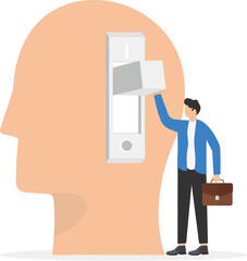 Mentor or psychologist turned switch on in giant head. Turn on brain to think, creativity and thought. Smart thinking, emotional intelligence and mindset. Wisdom, knowledge concept. Mentorship. vector