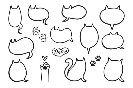 Speech bubble in the shape cat. Empty cute speech bubble with cat ears and tail. Set linear vector