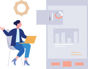 Girl working on graph chart on laptop.