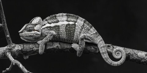 A chameleon perched on a tree branch in black and white photography - Powered by Adobe