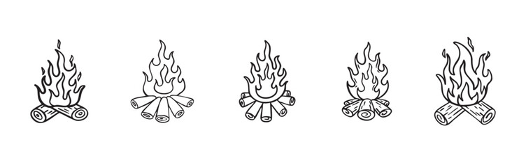 Doodle campfire for camp set. outline fire camping, hand drawn campfire for outdoor activities
