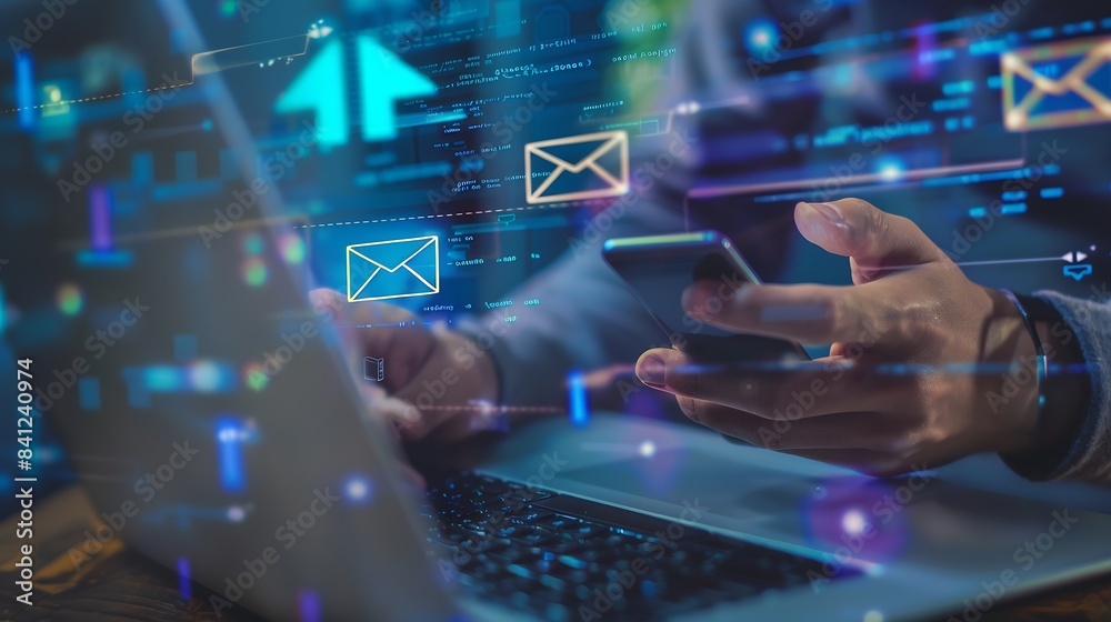 Poster business person reading emails on smartphone and laptop computer screen online communication and mar