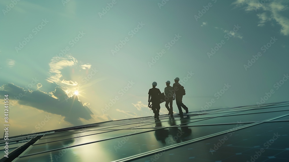 Poster silhouette engineers walking on roof inspect and check solar cell panel by hold equipment box radio 
