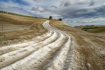 A picture of a large open field with visible tracks, possibly from farming or construction equipment