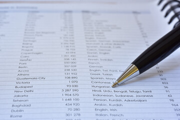 Obraz premium Luxury pen close up shot on spreadsheet table list, blurred background